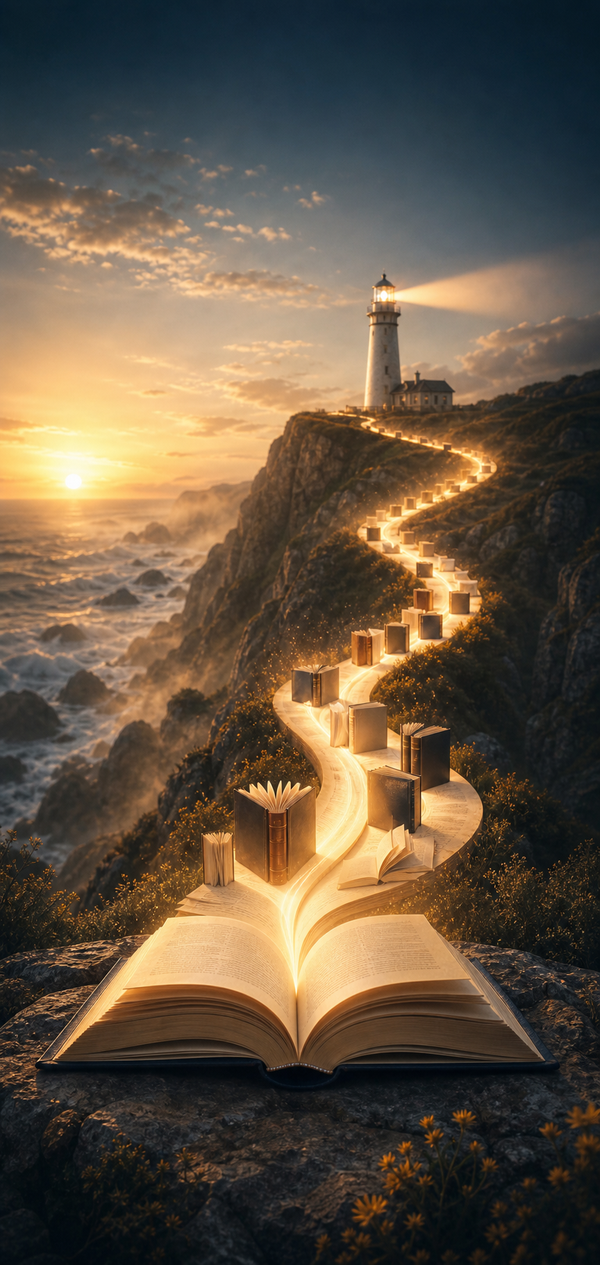 Un camino luminoso de libros conduce hacia un faro junto al mar